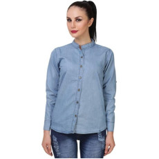 Womens Denim Solid Casual Collared Neck Shirt 